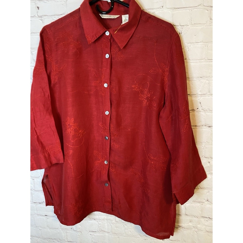 Womens Red floral Blouse, Size‎ Large Linen, Silk